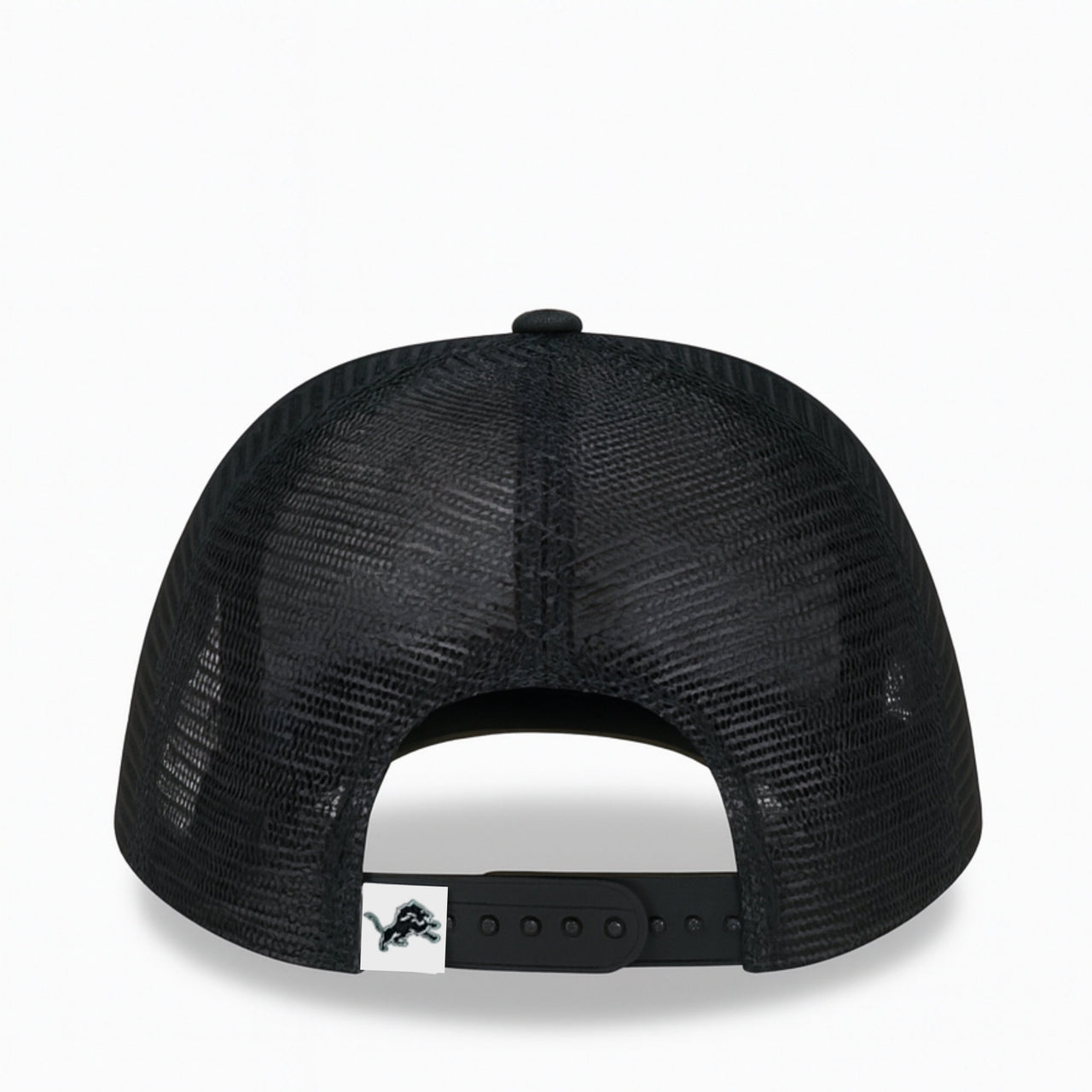 back of New Era Detroit Lions Black Trucker 9FIFTY Snapback Hat