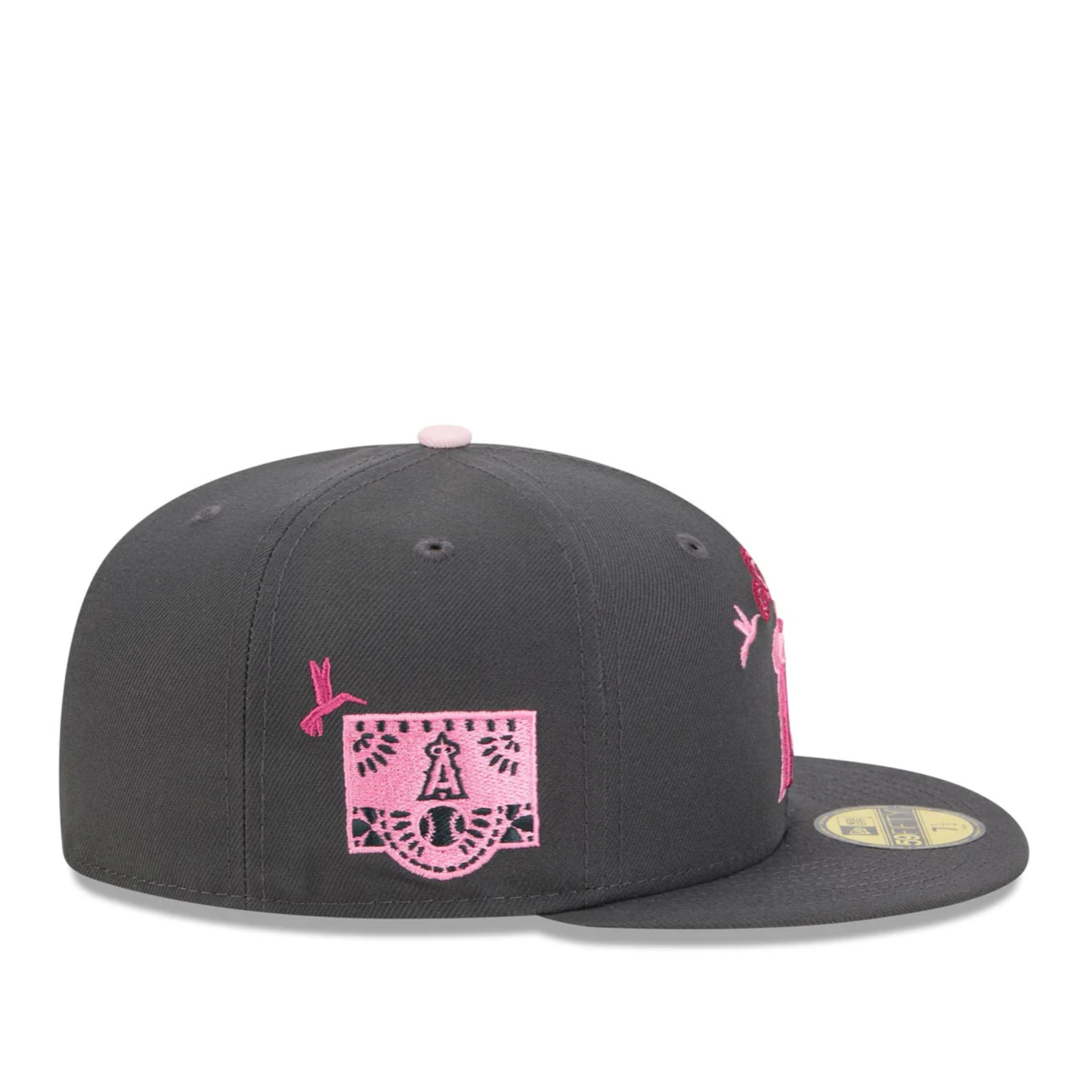 Side Patch View of New Era Los Angeles Angels Day of the Dead Graphite 59FIFTY Fitted Hat