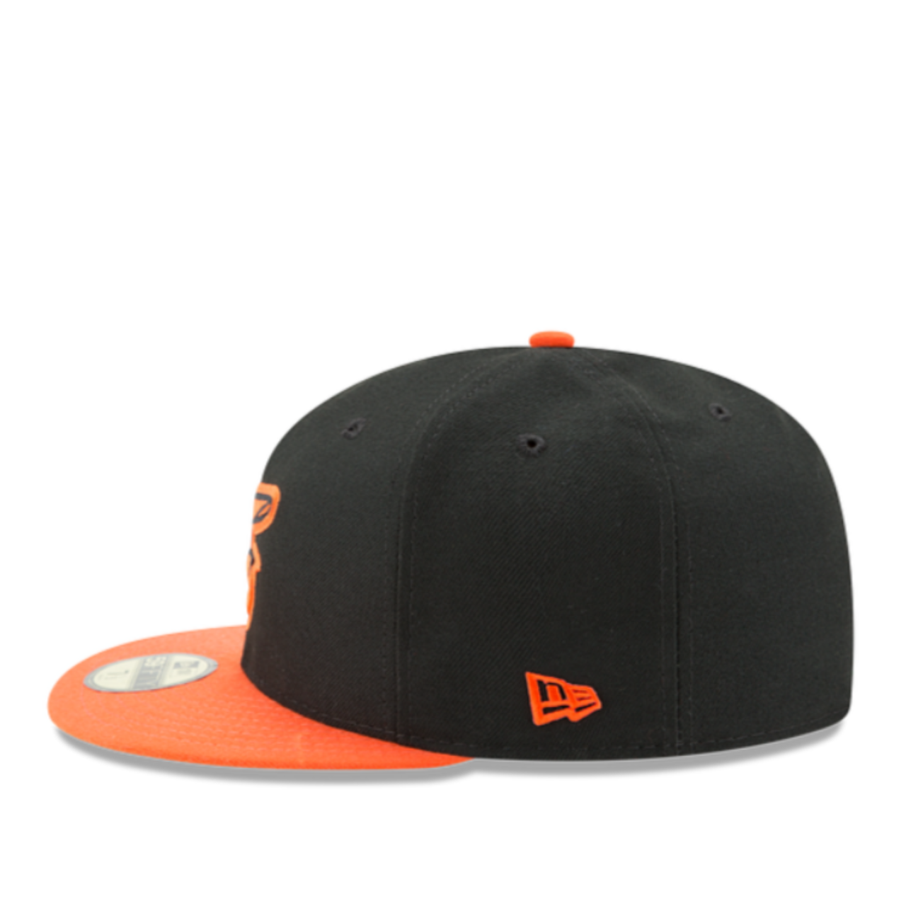 Side View of New Era Baltimore Orioles Duck Black Orange 2 Tone 59FIFTY Fitted Hat