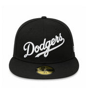 New Era Los Angeles Dodgers Script Black White 59FIFTY Fitted Hat front view