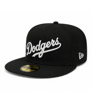 New Era Los Angeles Dodgers Script Black White 59FIFTY Fitted Hat front angle view