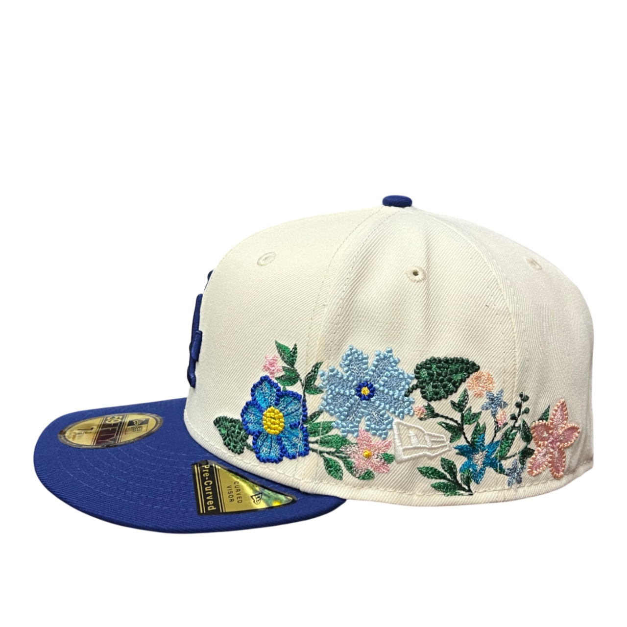 side of Los Angeles Dodgers Tonal Florals Chrome Blue 59FIFTY Fitted Hat