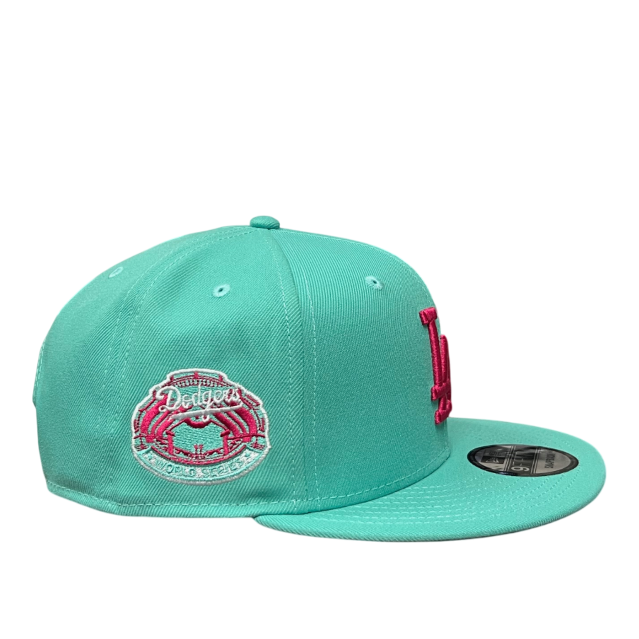 side of Los Angeles Dodgers World Series Mint Pink 9FIFTY Snapback Hat