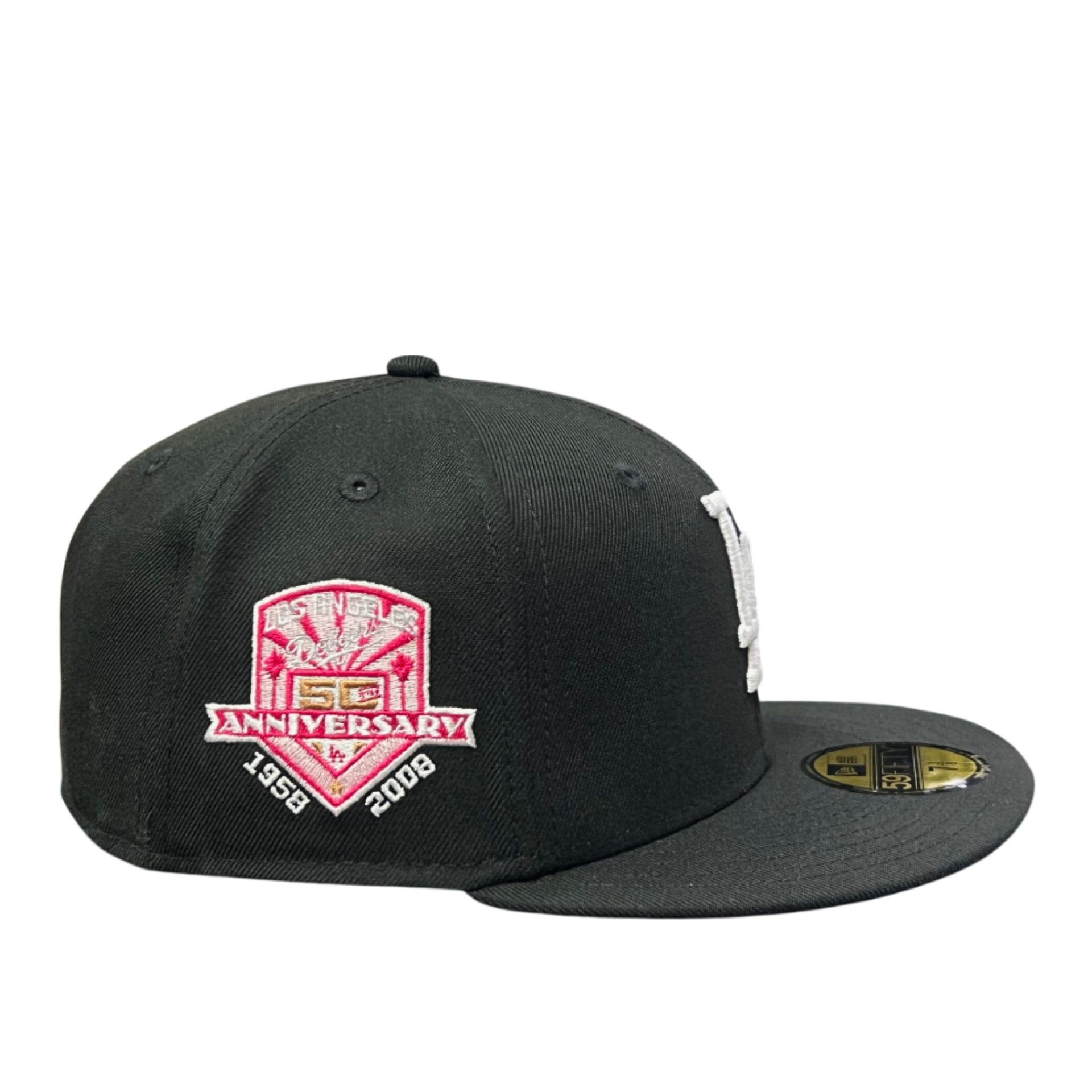 Side of Los Angeles Dodgers 50th Anniversary Rose Black Pink 59FIFTY Fitted Hat
