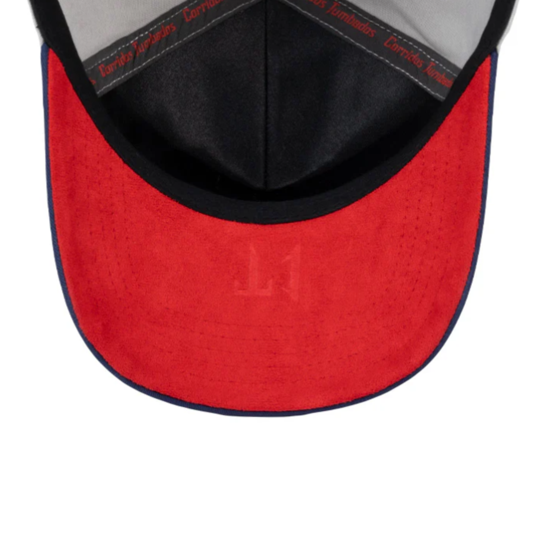 red under visor of JC Brand Corridos Tumbados CT snapback hat in gray and navy color.