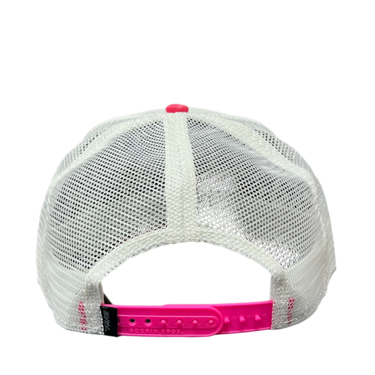 back side of the goorin bros white and pink flirt bird trucker snapback hat