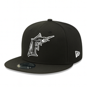 New Era Florida Marlins Black White 9FIFTY Snapback Hat front angle view