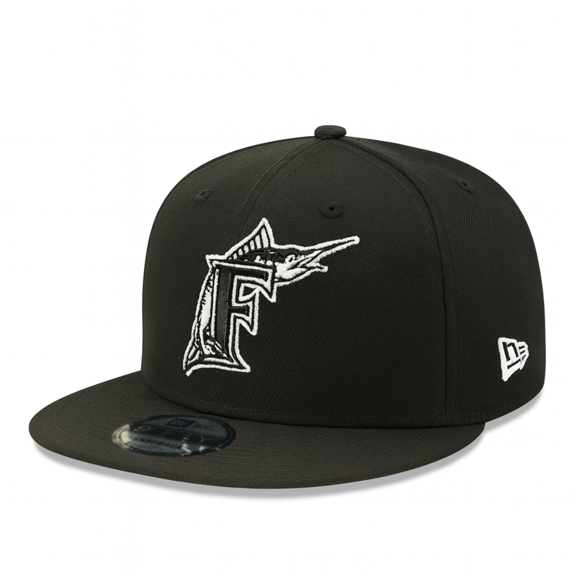 New Era Florida Marlins Black White 9FIFTY Snapback Hat front angle view