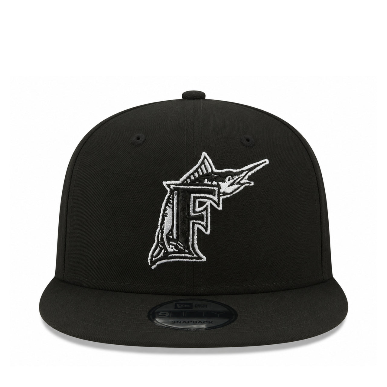 New Era Florida Marlins Black White 9FIFTY Snapback Hat front view