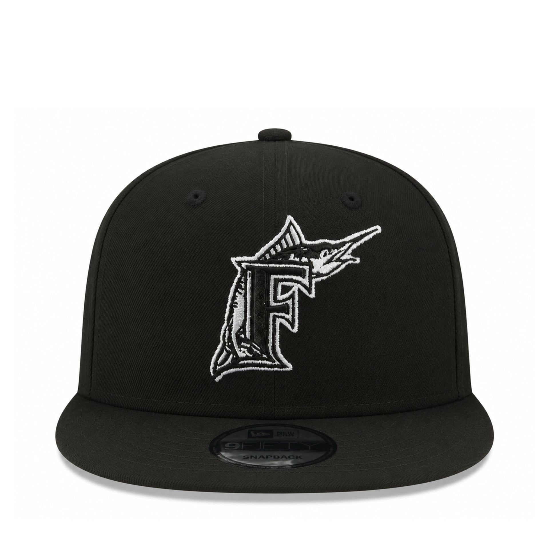 New Era Florida Marlins Black White 9FIFTY Snapback Hat front view