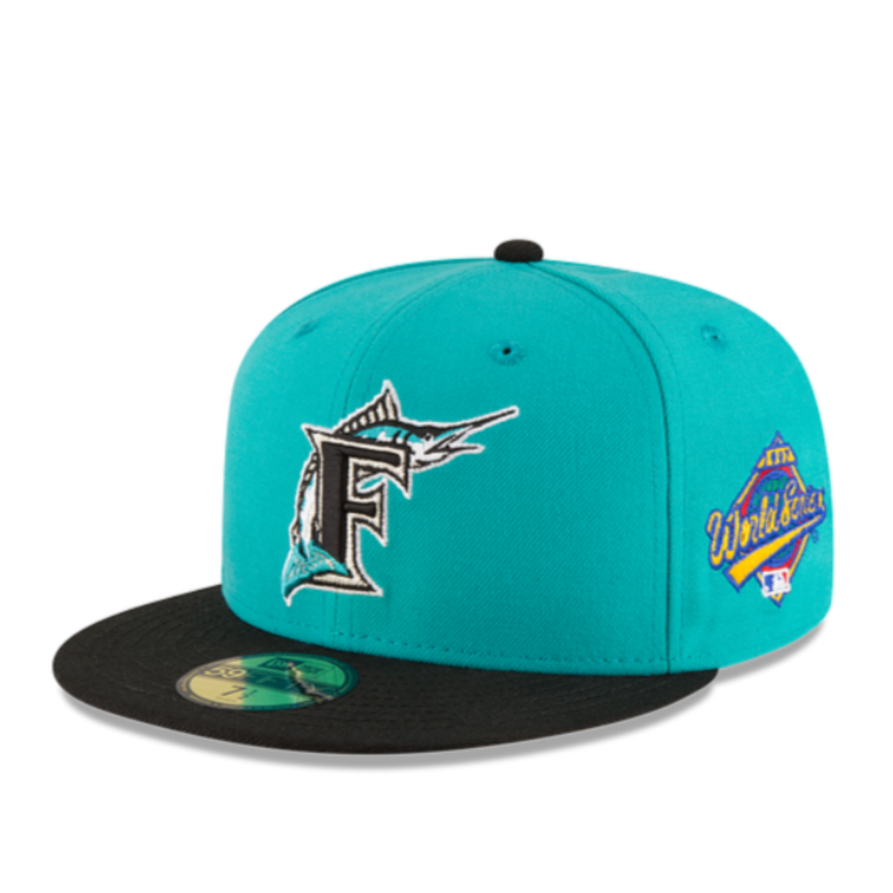 New Era Florida Marlins World Series 1997 Teal Black 59FIFTY Fitted Hat Front angle view
