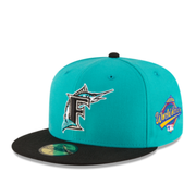 New Era Florida Marlins World Series 1997 Teal Black 59FIFTY Fitted Hat Front angle view