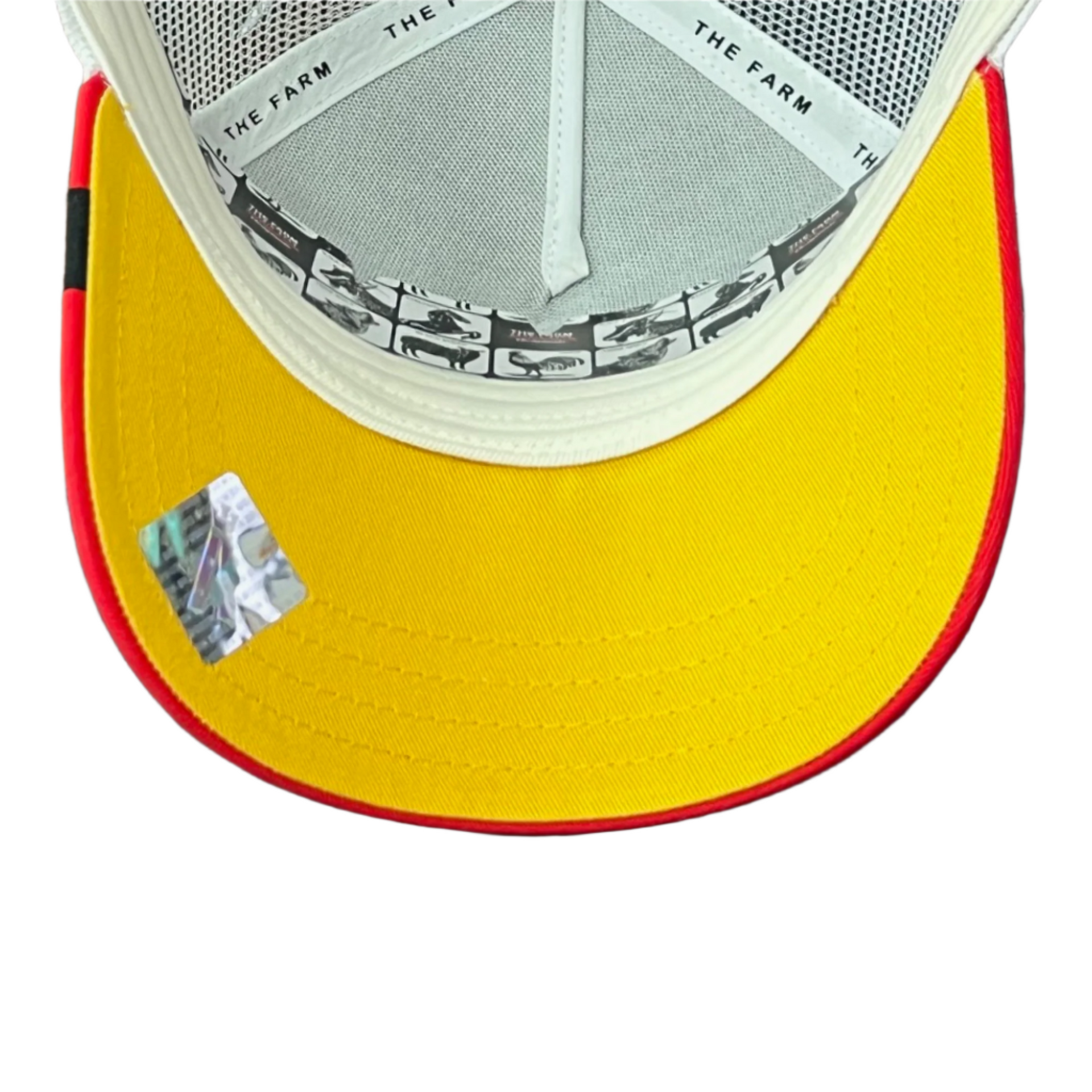 yellow under visor of goorin bros wolf white red trucker snapback hat