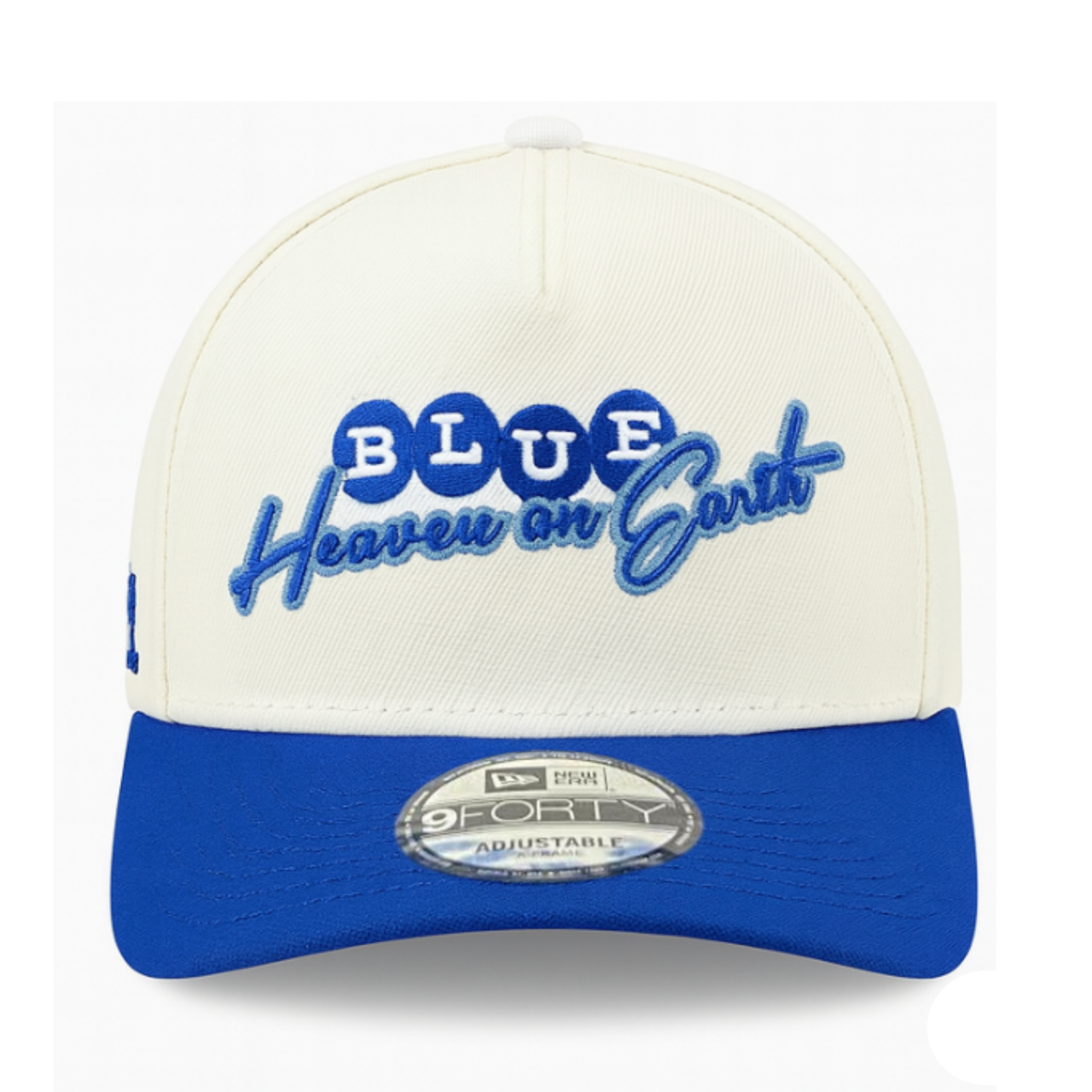 front of New Era Los Angeles Dodgers Heaven on Earth Chrome Blue 9FORTY A-Frame Snapback Hat
