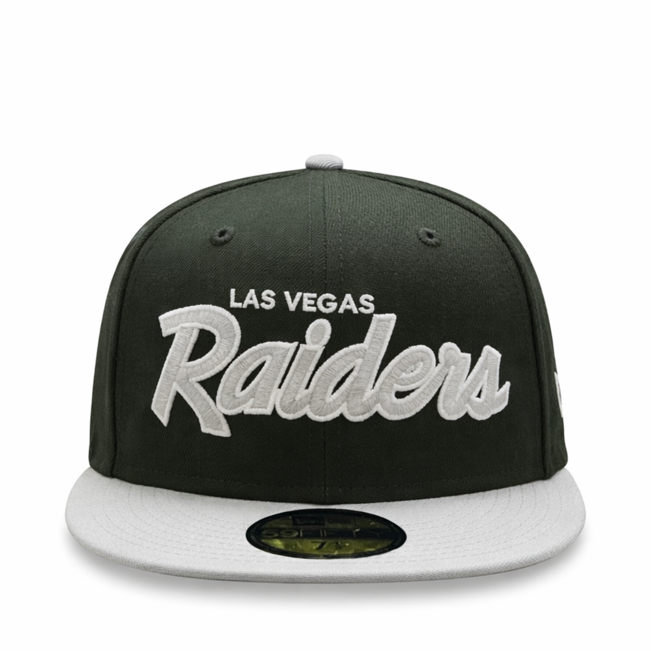 front view of New Era Las Vegas Raiders Script Black Gray 59FIFTY Fitted Hat