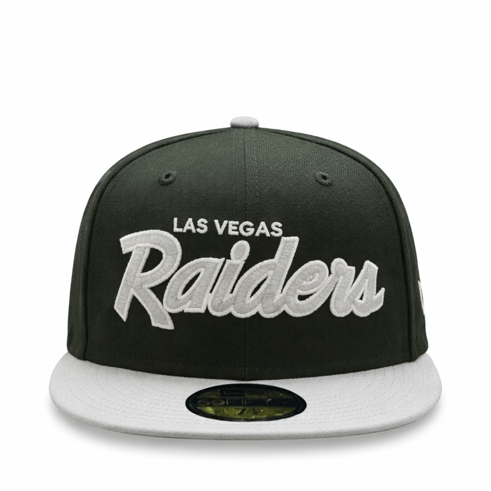 front view of New Era Las Vegas Raiders Script Black Gray 59FIFTY Fitted Hat