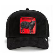 Goorin Bros Pecora Nera Rossa Black/Red Suede Mesh Trucker Snapback Hat front view