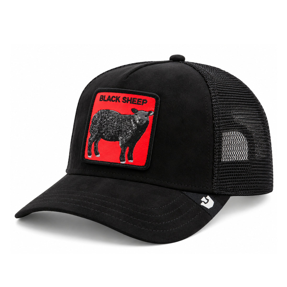 Goorin Bros Pecora Nera Rossa Black/Red Suede Mesh Trucker Snapback Hat front angled view