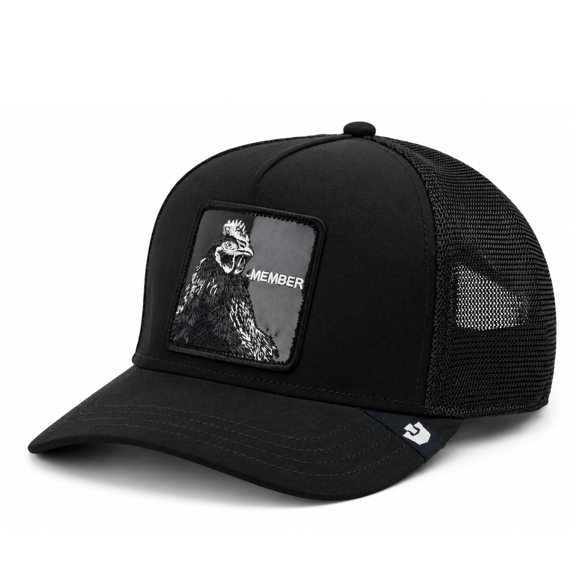 Goorin Bros Blackout Rooster Suede Trucker Snapback Hat front angled view