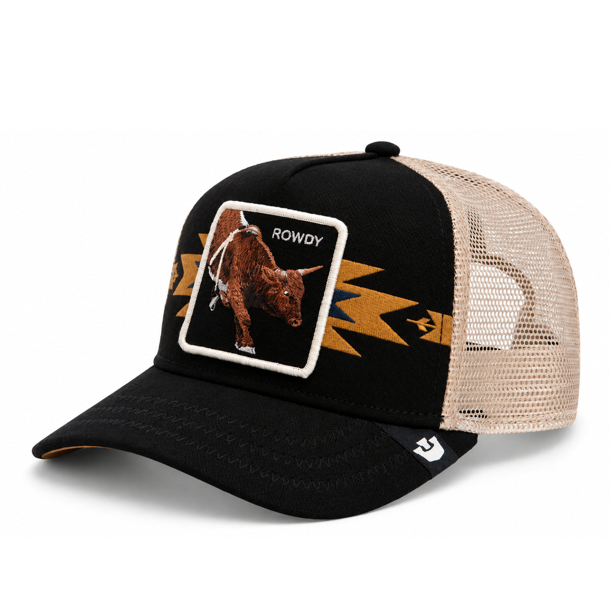 Goorin Bros Canyon Rowdy Bull Black Trucker Snapback Hat front angled view