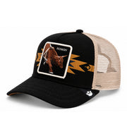 Goorin Bros Canyon Rowdy Bull Black Trucker Snapback Hat front angled view