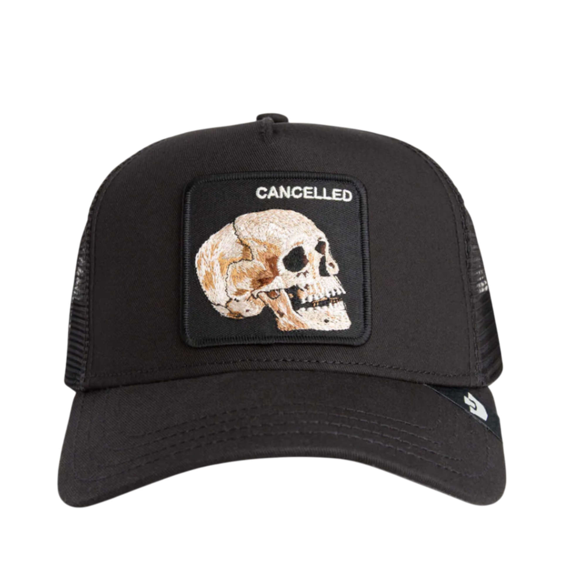 Goorin Bros The Cancelled Skull Black Mesh Trucker Snapback Hat front view