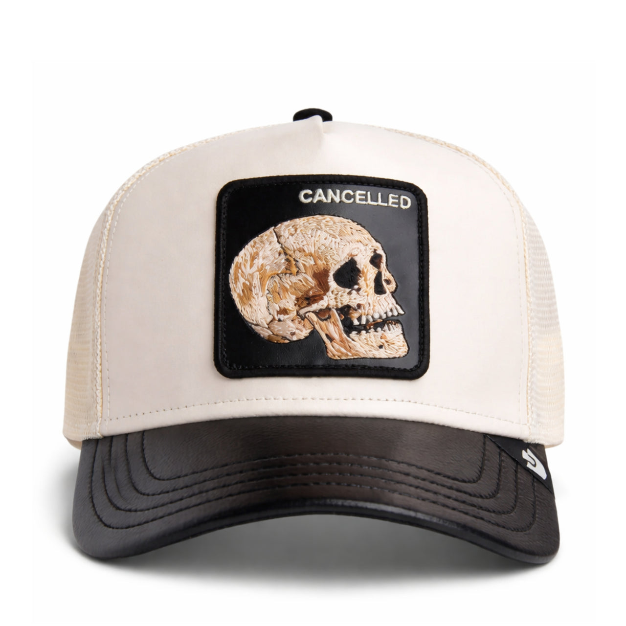 Goorin Bros The Cancelled Skull Leather Mesh Trucker Snapback Hat Chrome Black front view