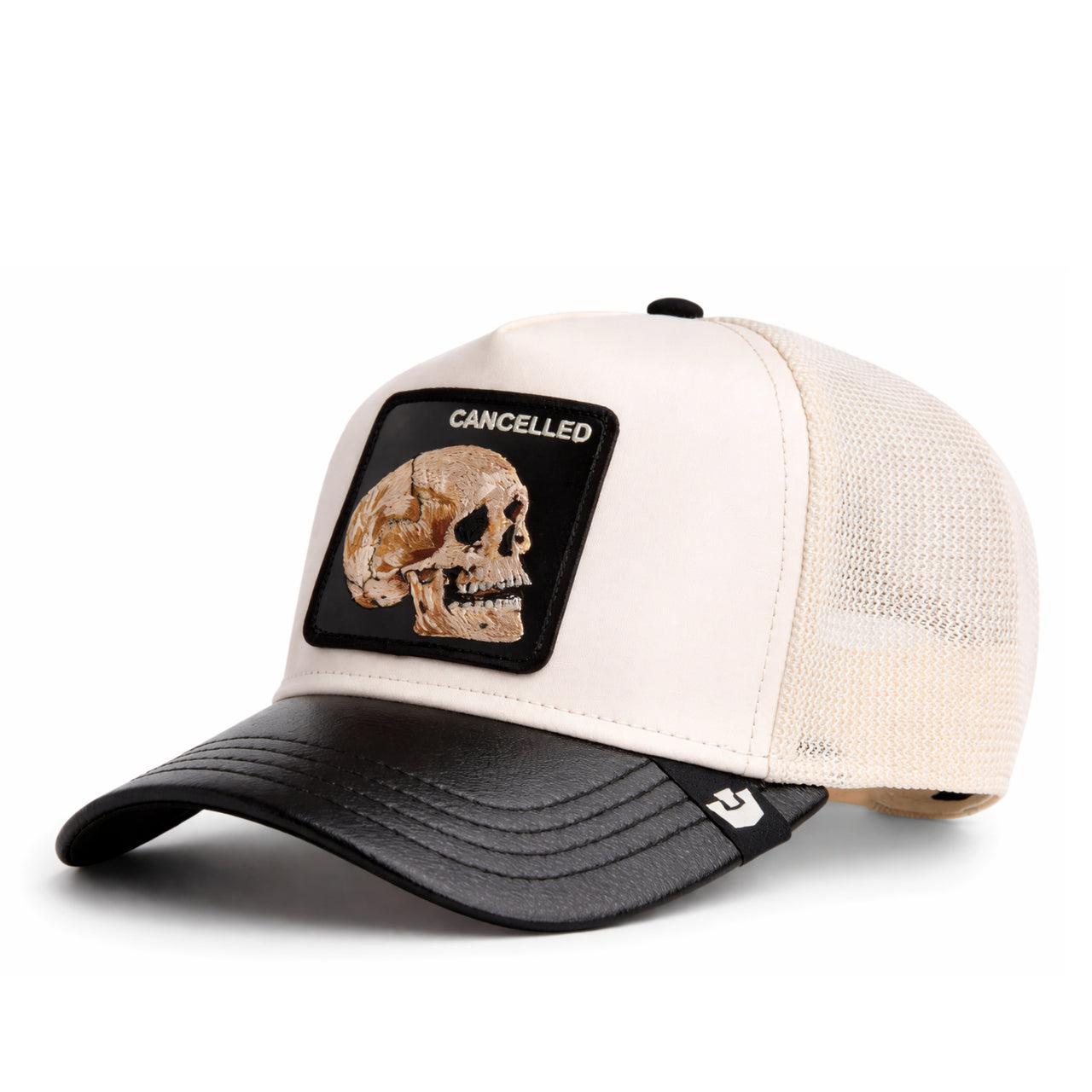 Goorin Bros The Cancelled Skull Leather Mesh Trucker Snapback Hat Chrome Black left front view