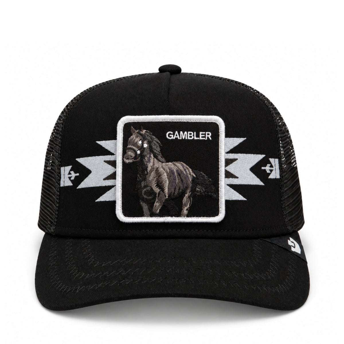 Goorin Bros Canyon Gambler Horse Black Trucker Snapback Hat front view