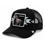 Goorin Bros Canyon Gambler Horse Black Trucker Snapback Hat front angled view