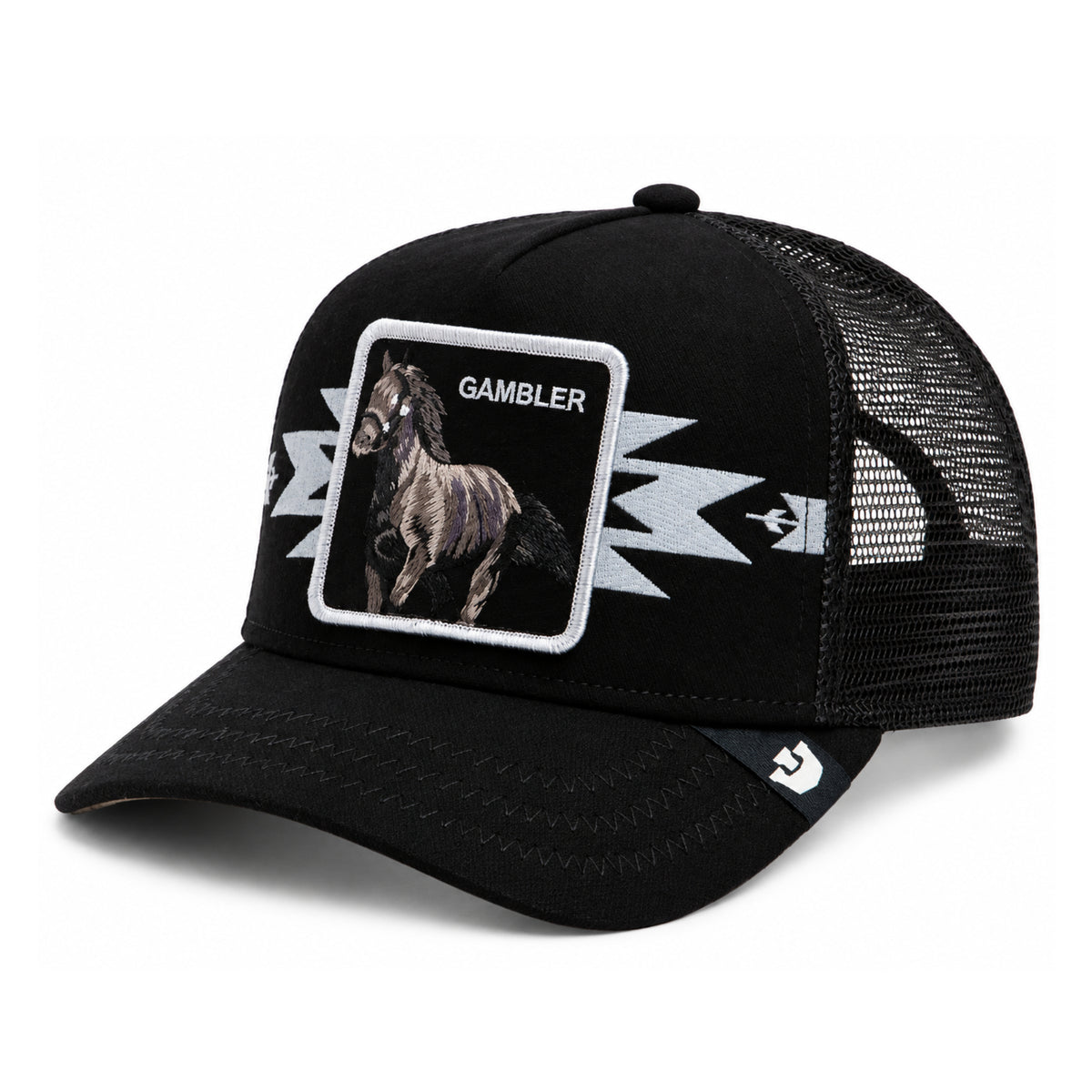 Goorin Bros Canyon Gambler Horse Black Trucker Snapback Hat front angled view