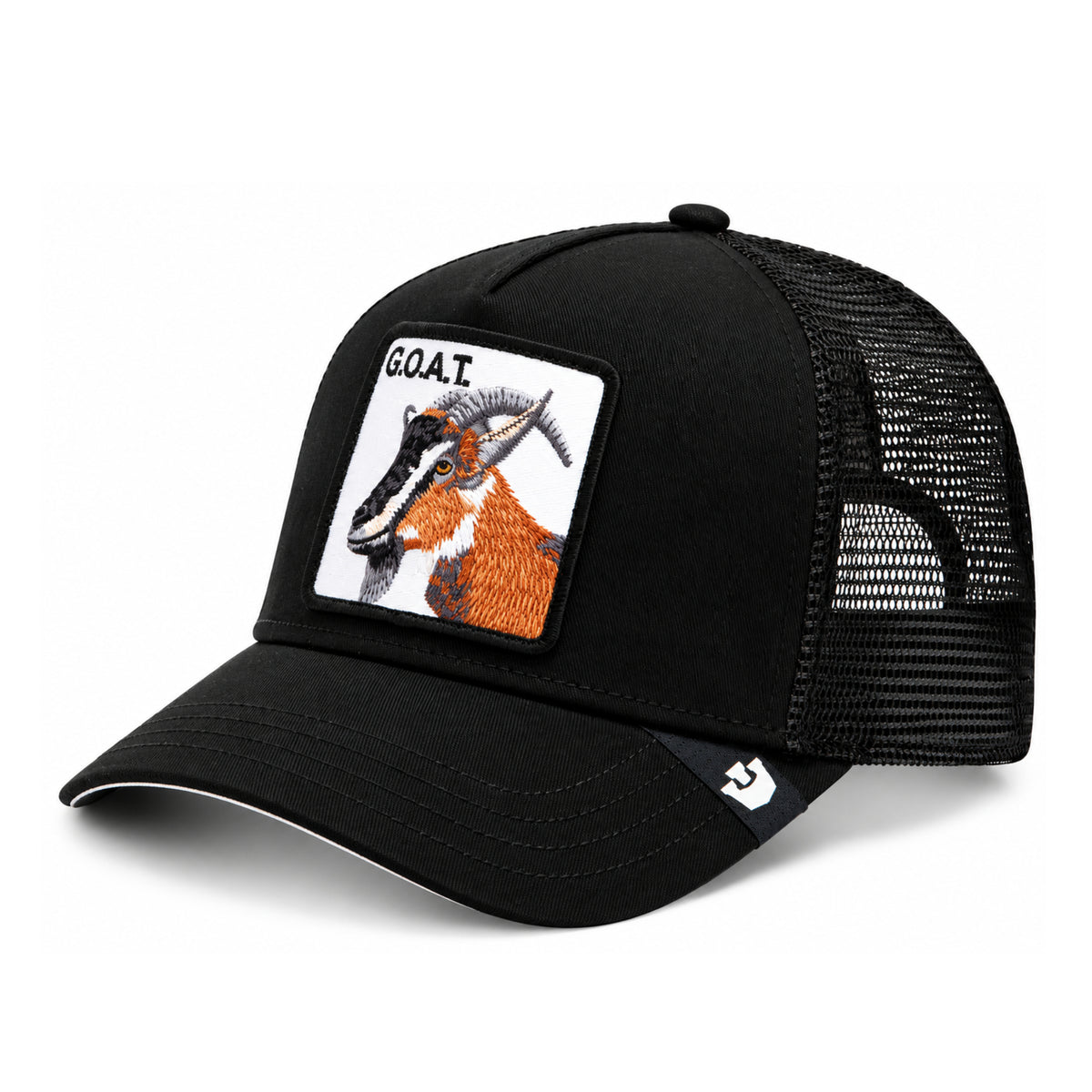 Goorin Bros The GOAT Black Trucker Snapback Hat front angled view