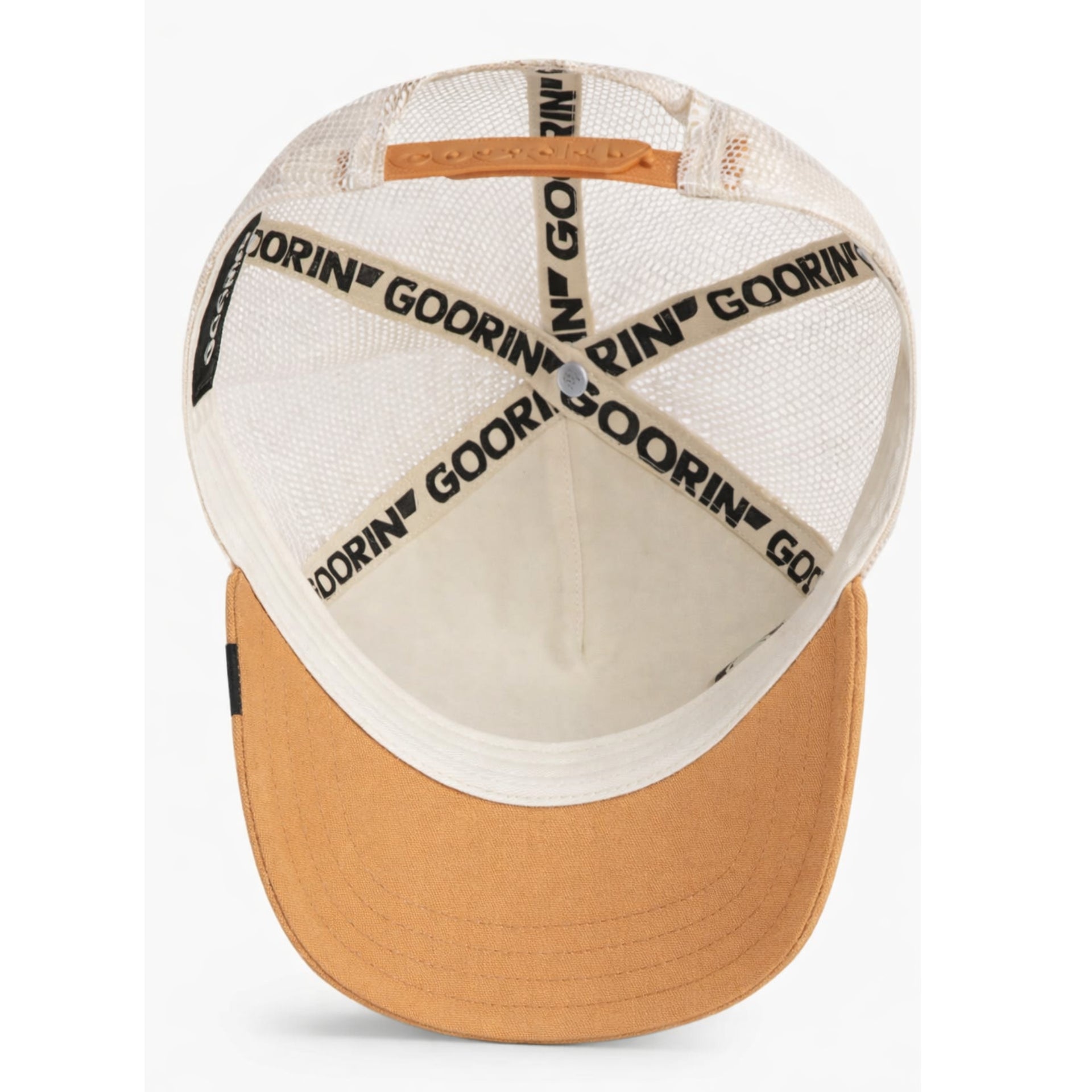 Goorin Bros The Goat Trucker Snapback Hat Khaki under visor view