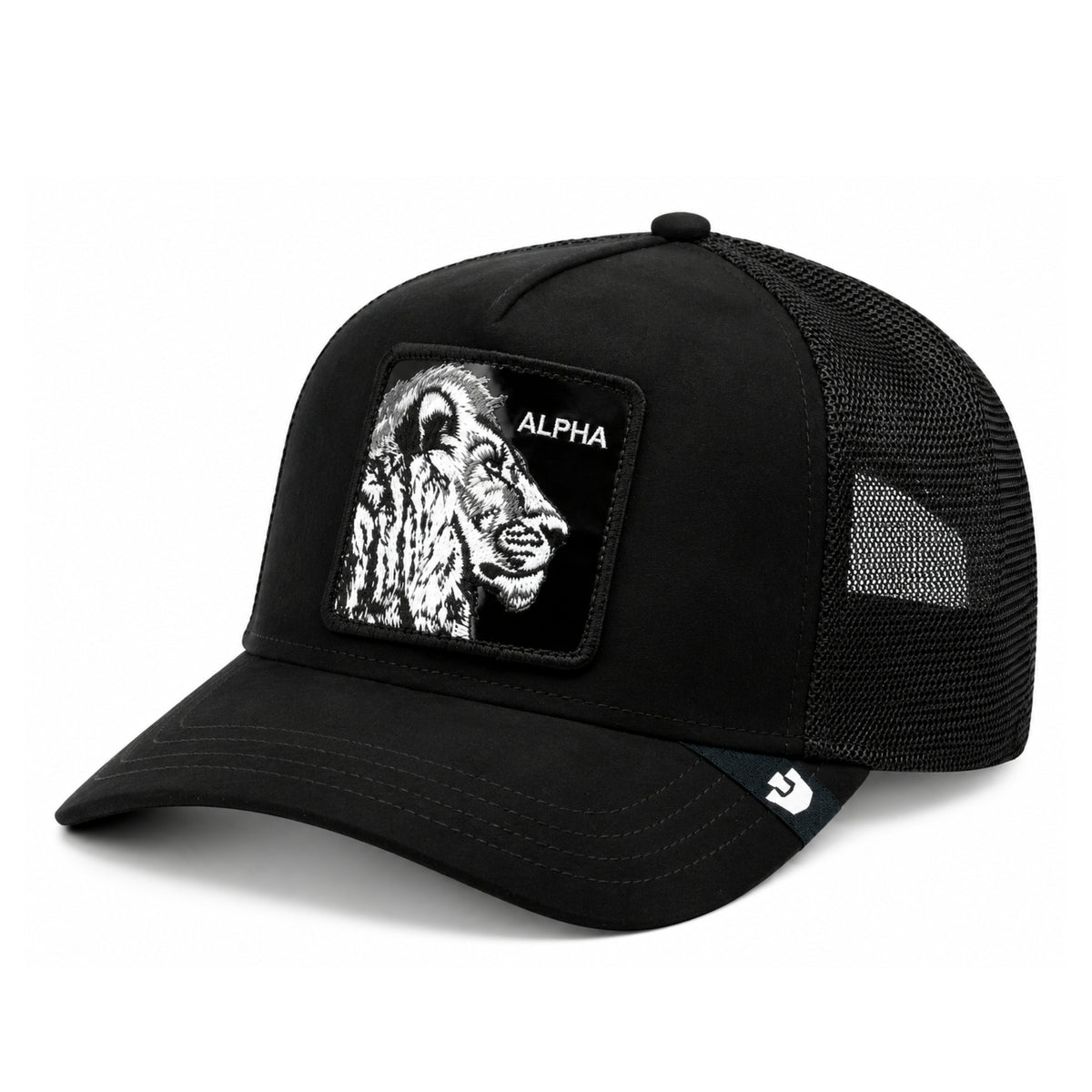 Goorin Bros Lion Alpha Blackout Suede Trucker Snapback Hat front angled view