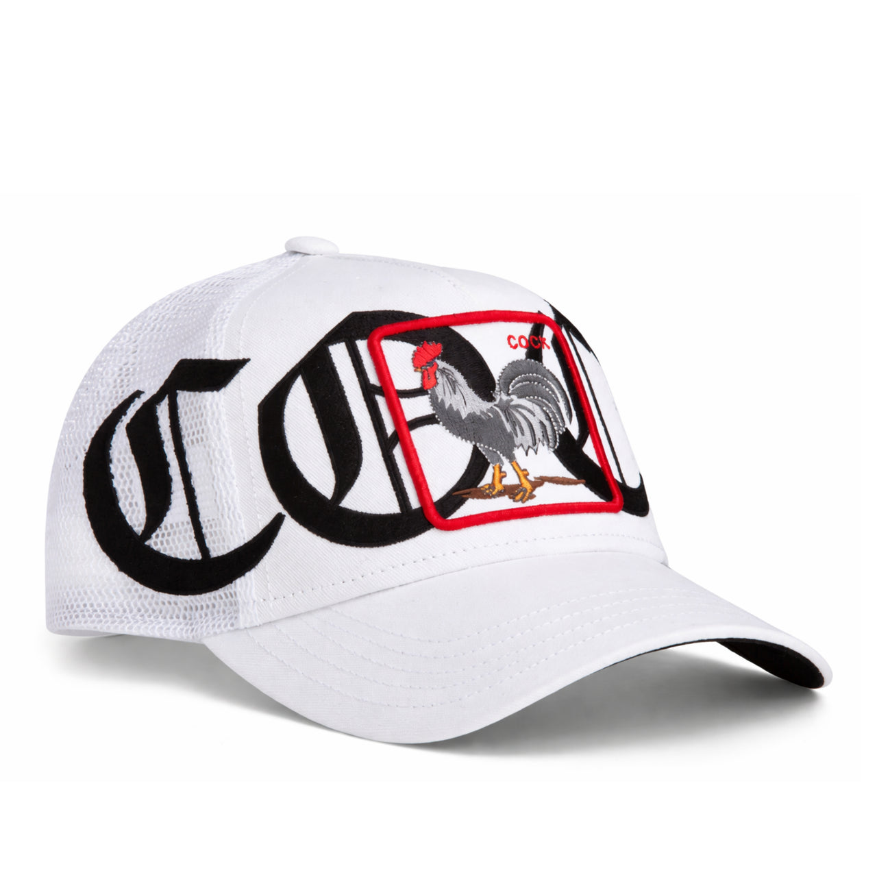 Goorin Bros Old English Cock Trucker Snapback Hat White left front view