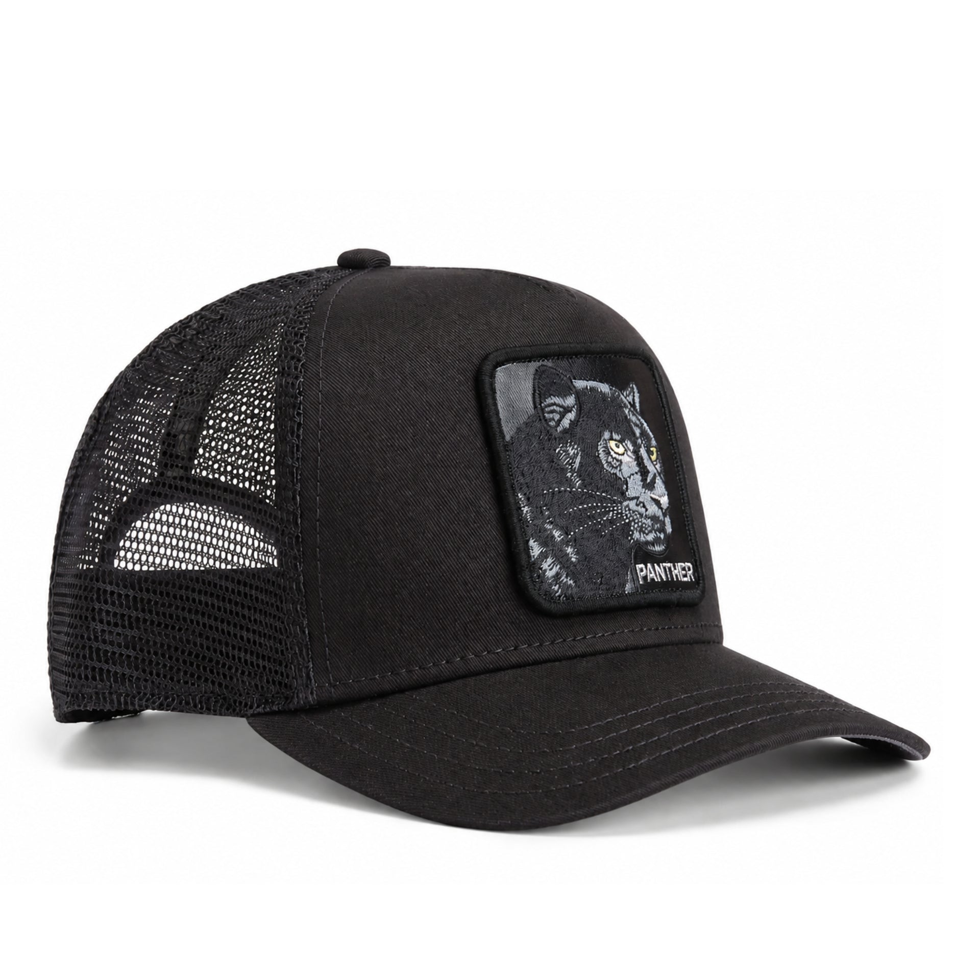 Goorin Bros The Panther All Black Trucker Mesh Snapback front right angle view