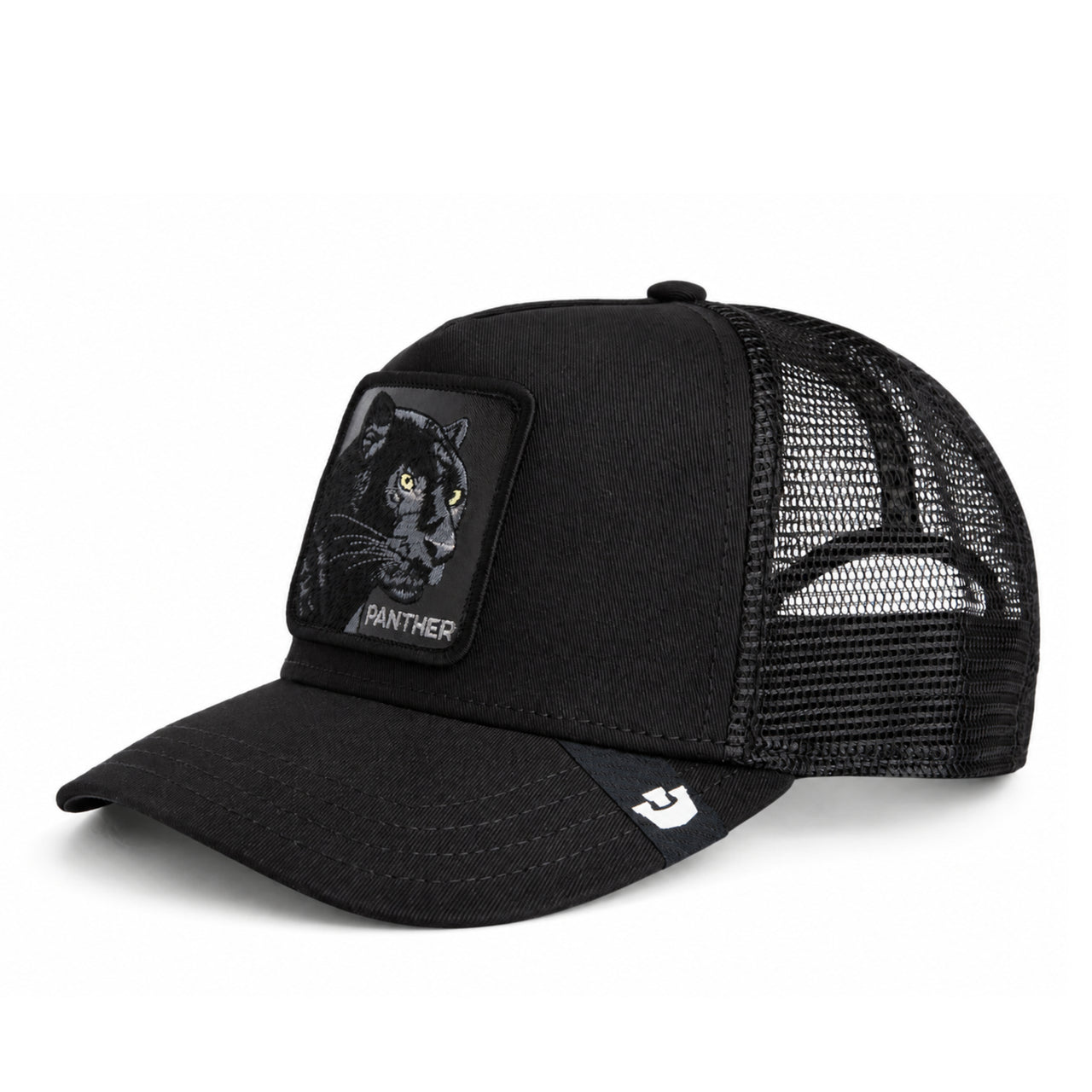 Goorin Bros The Panther All Black Trucker Mesh Snapback front left angle view