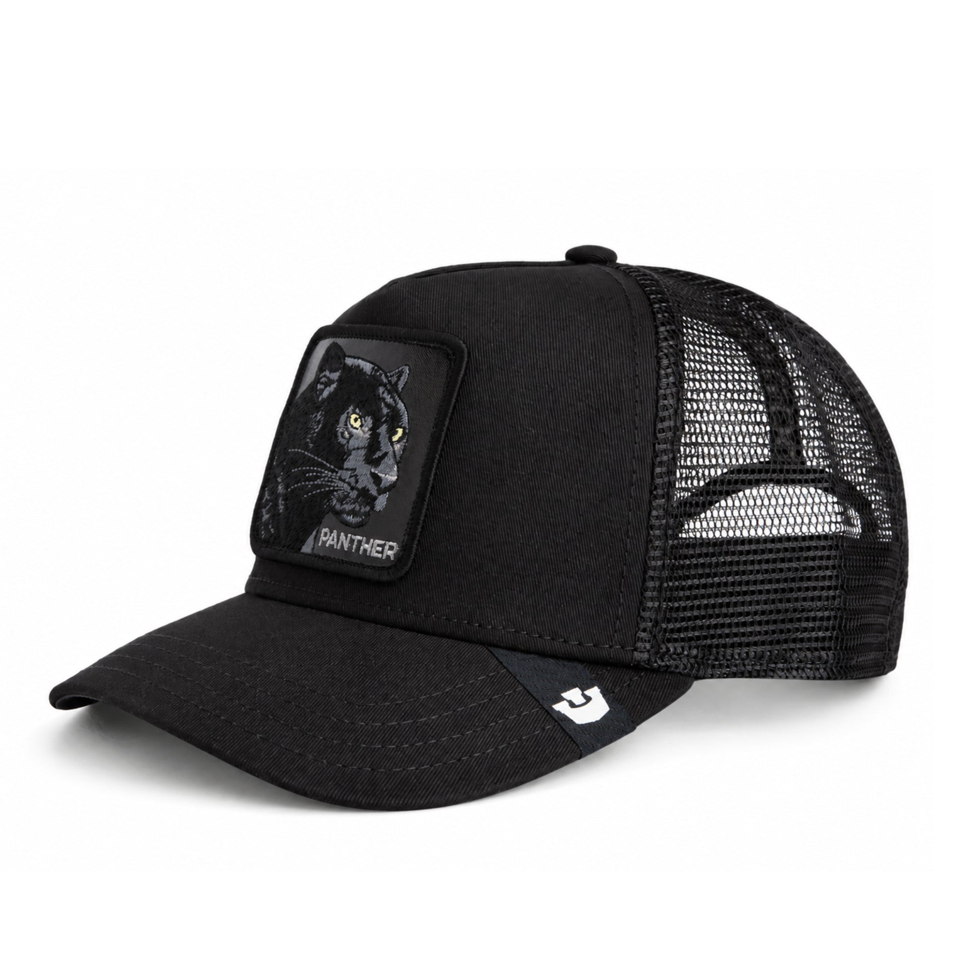 Goorin Bros The Panther All Black Trucker Mesh Snapback front left angle view