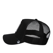 side of Goorin Bros The Panther All Black Trucker Mesh Snapback
