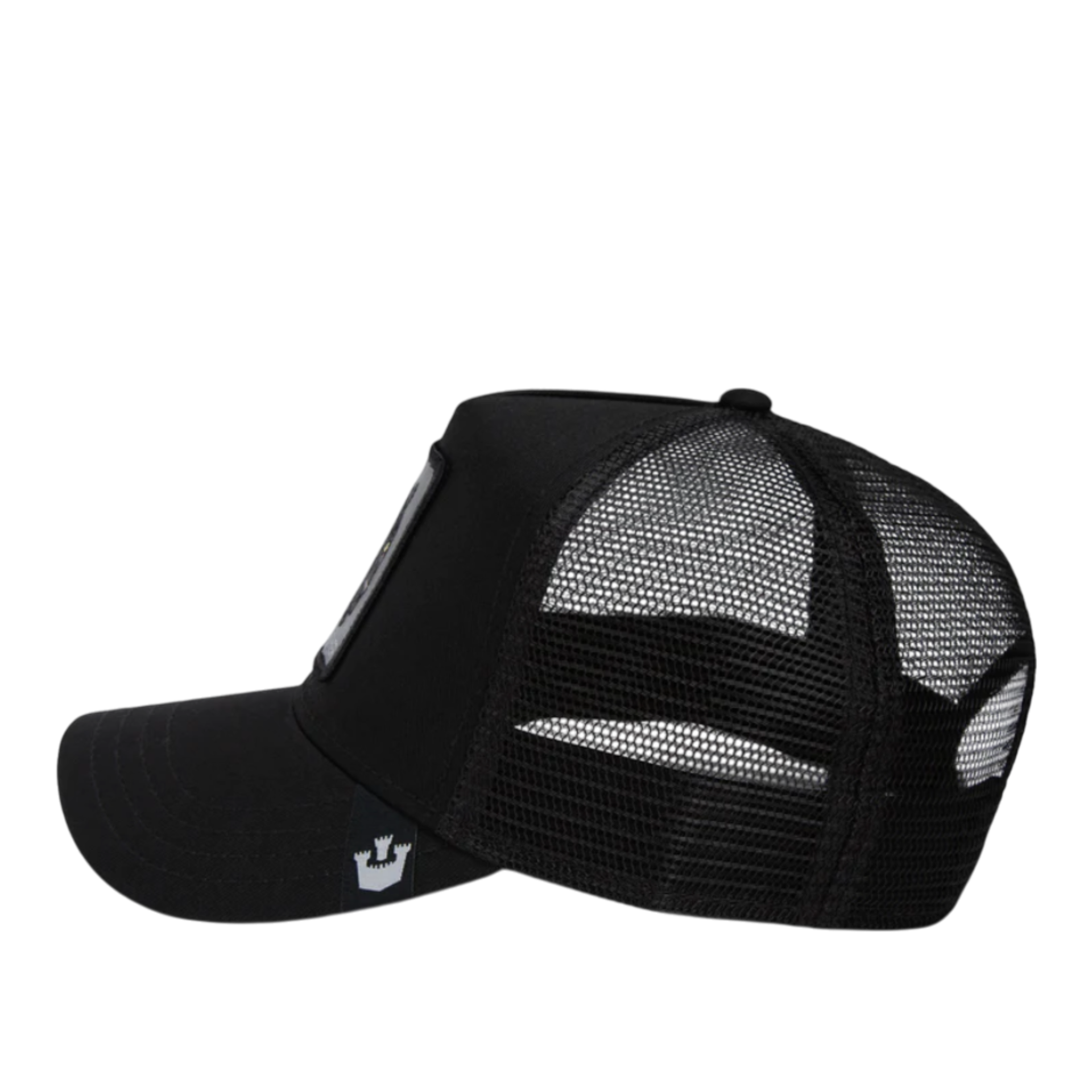 side of Goorin Bros The Panther All Black Trucker Mesh Snapback