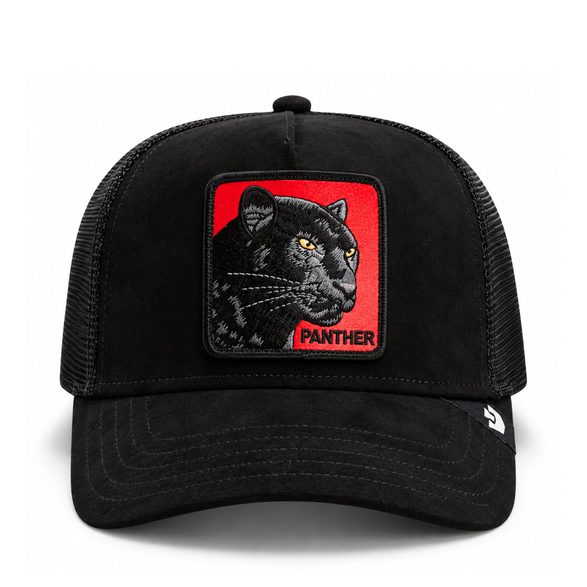 Goorin Bros Pantera Nera Rossa Black/Red Suede Trucker Mesh Snapback front view