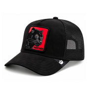 Goorin Bros Pantera Nera Rossa Black/Red Suede Trucker Mesh Snapback front angled view