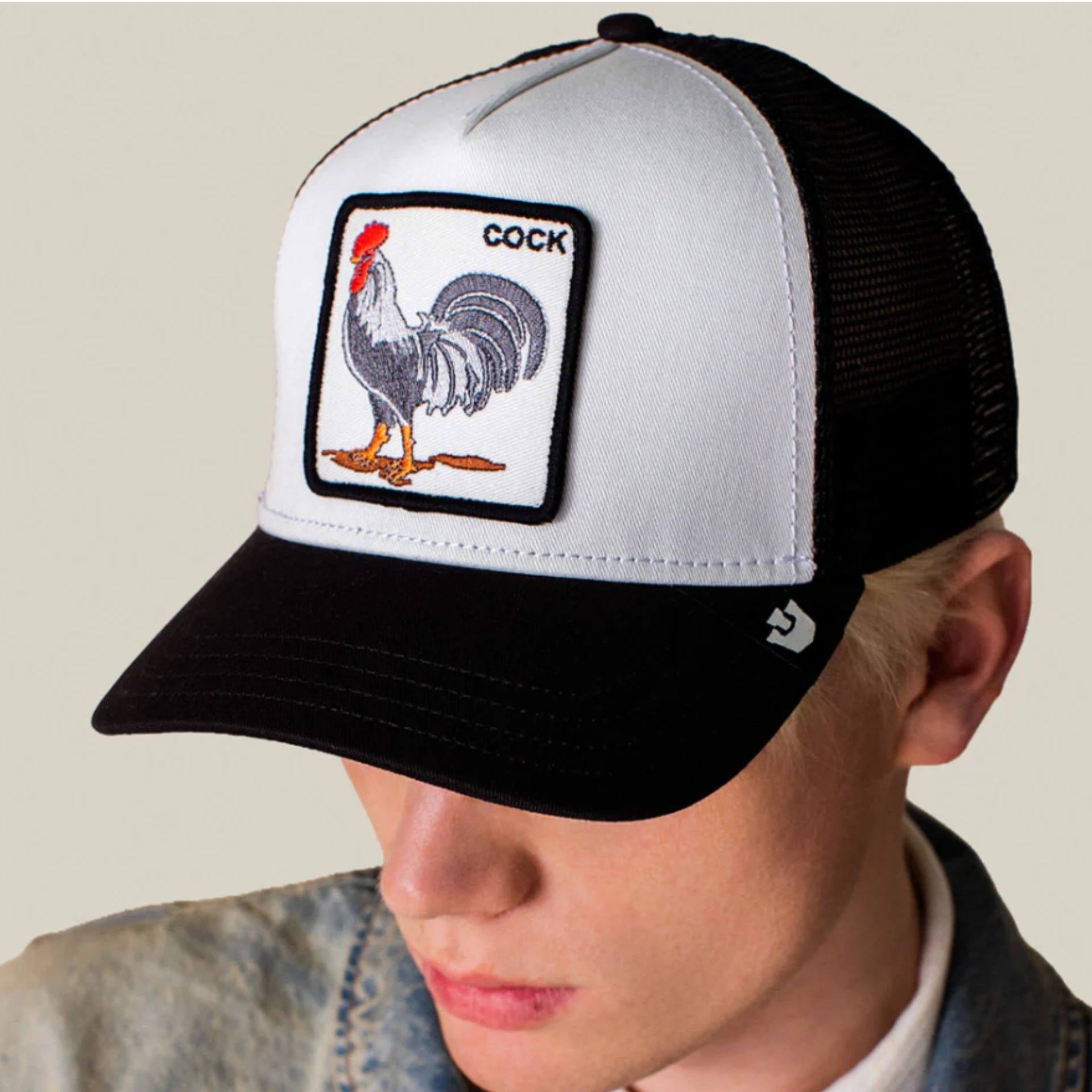 Goorin Bros Rooster Trucker Snapback Hat White Black model view