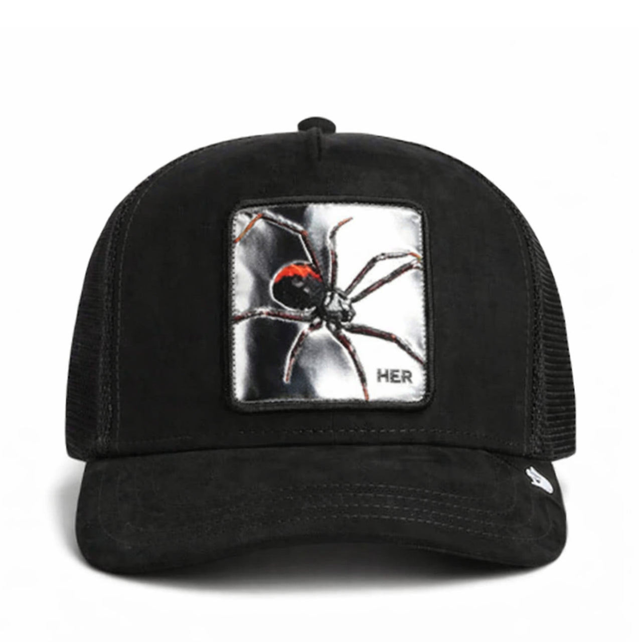 Goorin Bros Silver Spider Trucker Snapback Hat Suede Black front view