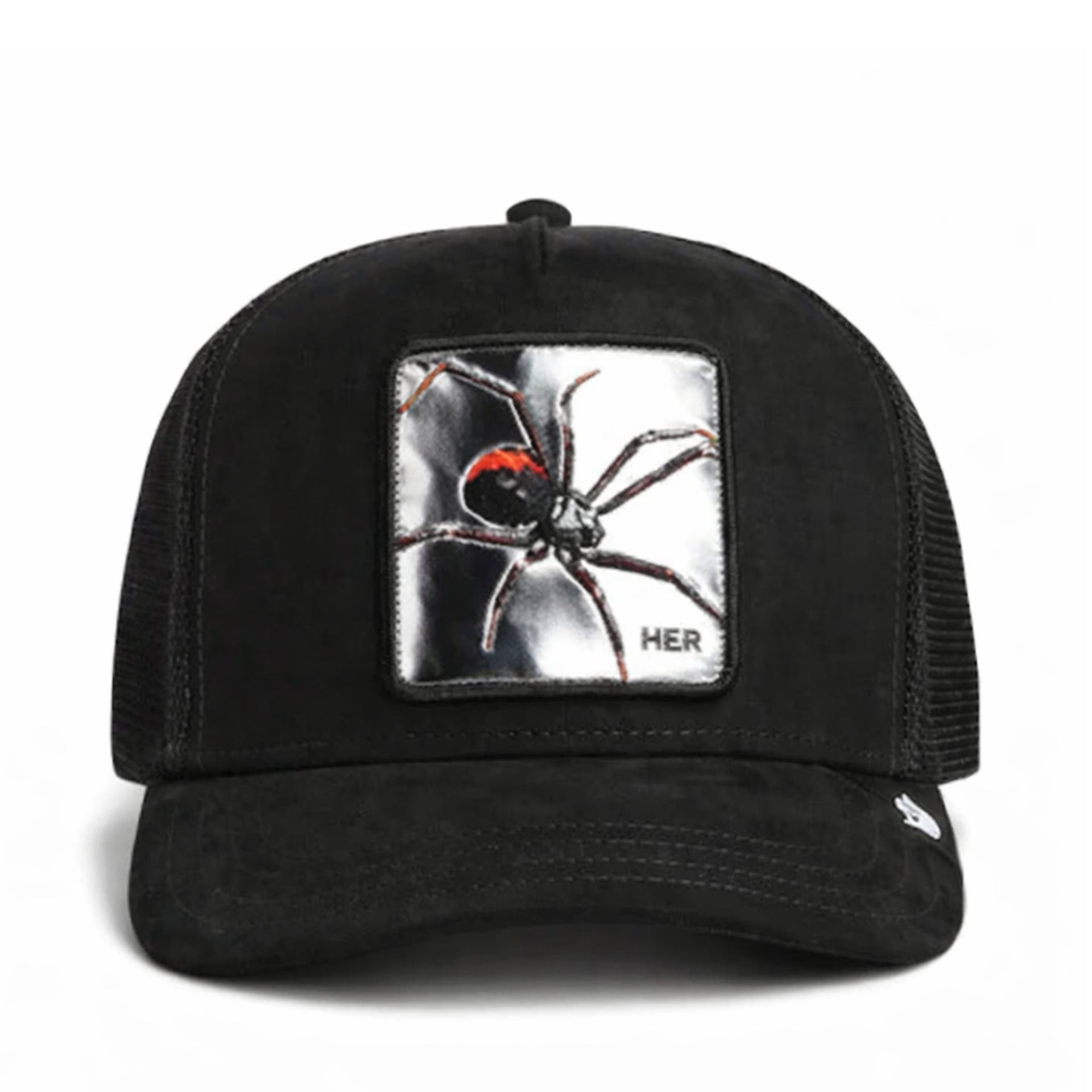 Goorin Bros Silver Spider Trucker Snapback Hat Suede Black front view