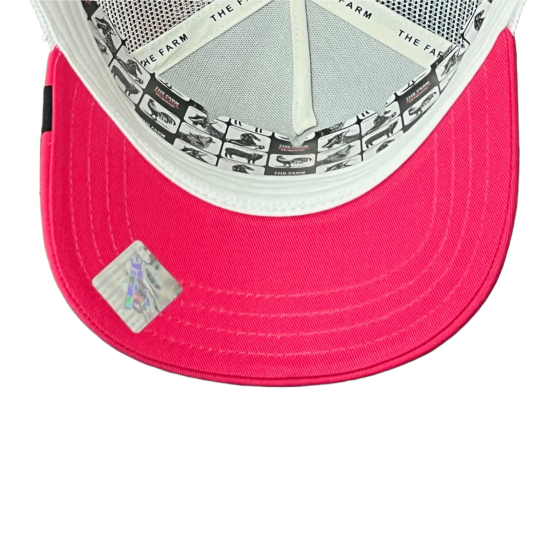 under visor of the goorin bros white and pink flirt bird trucker snapback hat