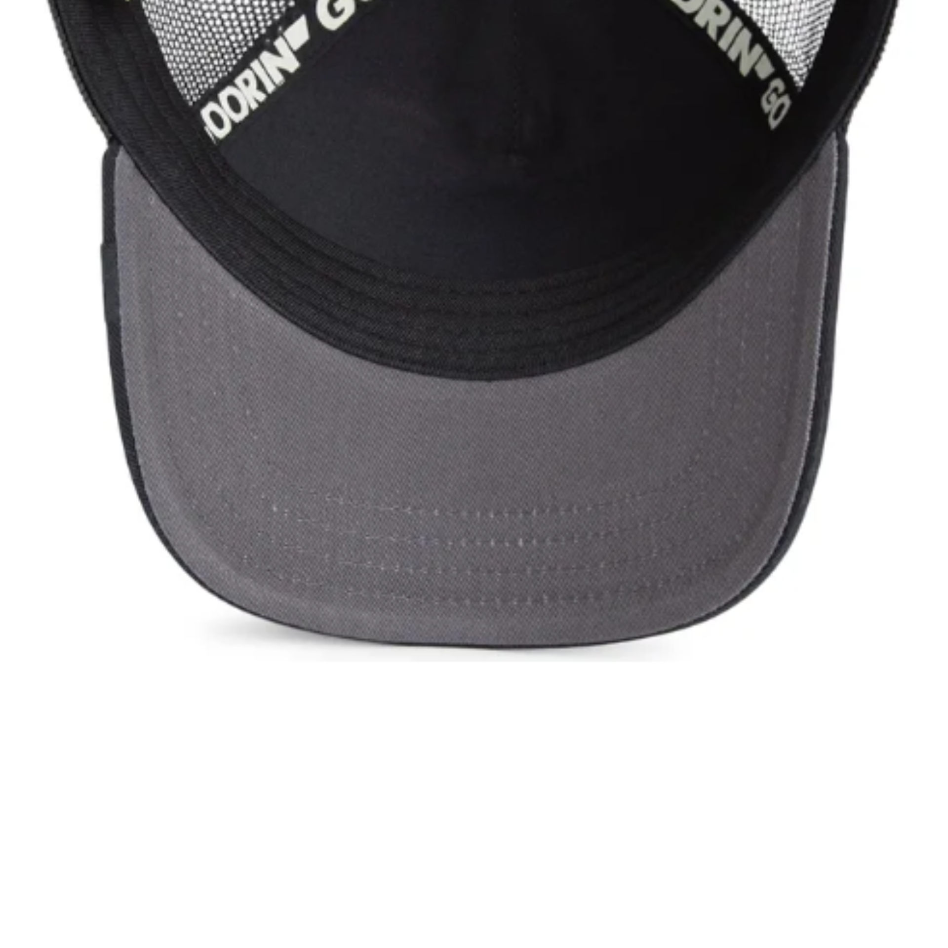 charcoal under visor of Goorin Bros Gut Hippo Black Mesh Trucker Snapback Hat