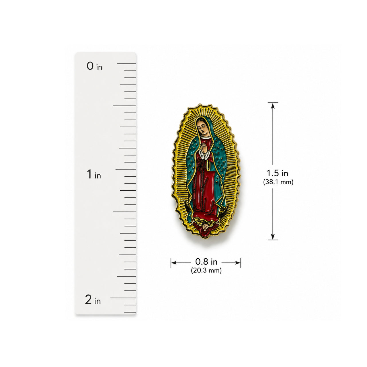 Guadalupe Virgin Mary Enamel Hat Pin size chart view