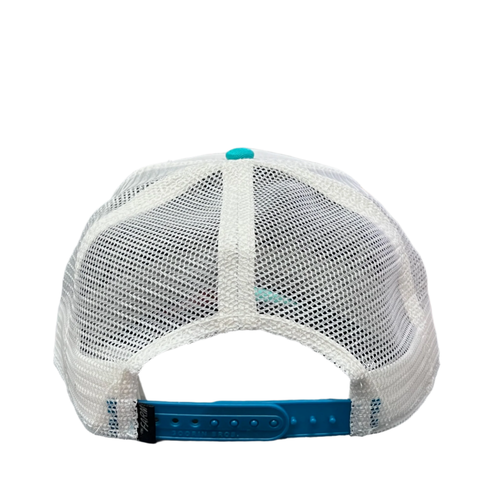 Back side of Goorin bros white owl trucker hat white and teal 2 tone snapback