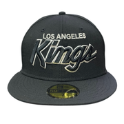 Front of Los Angeles Kings Script Logo Black Silver Outlined 59FIFTY Fitted Hat 